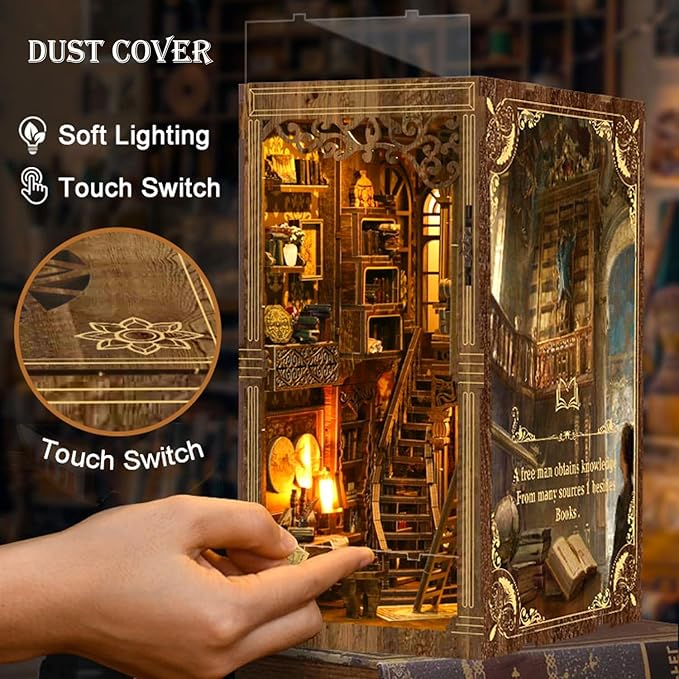 Book Nook Kits for Adult, DIY Miniature House Kit 3D Wooden Puzzles Miniature House Booknooks Dollhouse Bookend Bookshelf Insert Decor with LED Light Gift - Ancient Book Collection Room