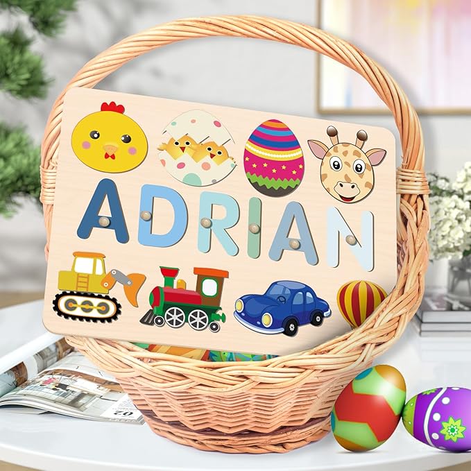 Name Puzzle for Kids Personalized, 1st Birthday Girl and Boy,Custom Baby Easter Gifts with Engraved Text on Back, Montessori Learning Toys for Boy & Girl (Blue Gradient)