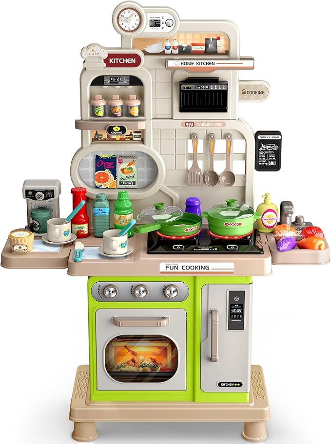 Play Kitchen Set, Kids Kitchen Playset with Realistic Sound & Light, Cooking Stove, Sink, Play Food and Accessories, 57 Pcs Kitchen Toys Gifts for Toddlers 2-4 3-5 Boys Girls (Green)