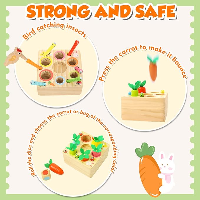 XPIY Montessori Toys for 1 Year Old, Carrots Harvest Wooden Baby Toys for 6-12 Months Educational Shape Sorting Matching Toys Fine Motor Skill, Gift for Kids Easter (Bug Catching Bouncing Carrot)