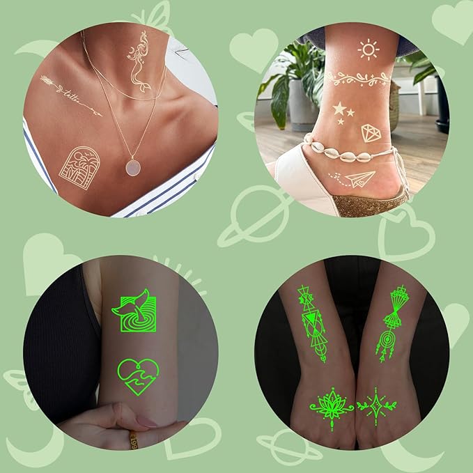 Luminous Temporary Tattoos for Adults, 60 Sheets Glow In The Dark Fake Tattoos for Face Hands, Lines Flowers Stars Moon Bohemian Design