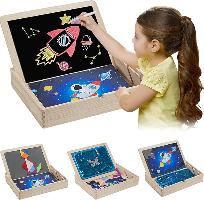 4-in-1 Wooden Sensory Toys with Storage Box, Activity Board for Children with Autism, Double Side Playing Board, Sensory Sequin Flip Panel, Educational Puzzles for Kids, Calm Down Corner