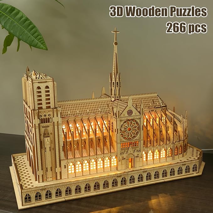 3D Wooden Puzzles for Adults,Notre Dame de Paris Church Model Kit for Adults to Build,Led Light DIY Games Gift on Birthday Christmas,Building Puzzle 266 Pcs