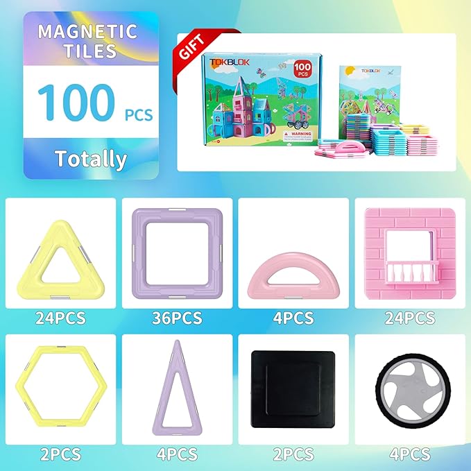 TOKBLOK Magnetic Tiles Toys for 3 4 5 6+ Year Old Girls Boys 100Pcs Macaron Magnet Building Blocks Set for Toddler STEM Educational Toys for Kids Birthday Gifts (Castle & Car Set)
