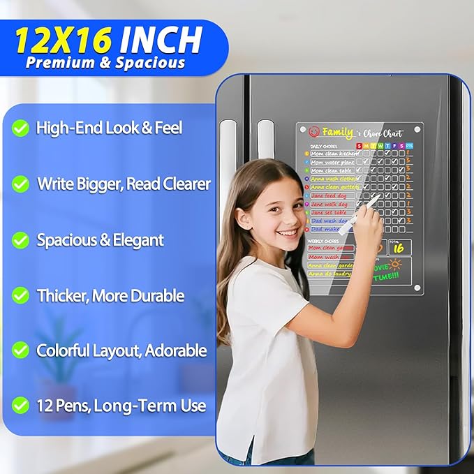 PigPotParty Acrylic Magnetic Chore Chart for Kids, 12"x16" Reward Responsibility Chart, Chores Checklist, 2 Weekly Dry Erase Fridge Board for Teens Adult Family Multiple Kids, w/ 12 Markers & Towel