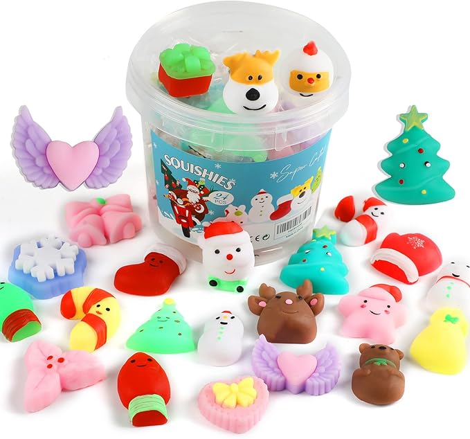KINGYAO Squishy Fidget Toys, Mini Mochi Squishies 24 Pcs Party Christmas Mochi Favors for Kids Kawaii Snow Man Squishy Stress Relief Toys with Storage Box