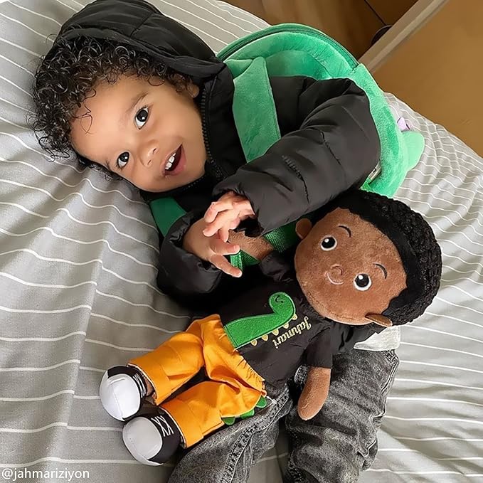 OUOZZZ 13" Black Baby Doll Toys for 1 + Year Old Boy Gifts, African American Doll Birthday Gifts for 1 Year Old Boy Christmas Plush Toys Gift for Toddler Kids Dinosaur