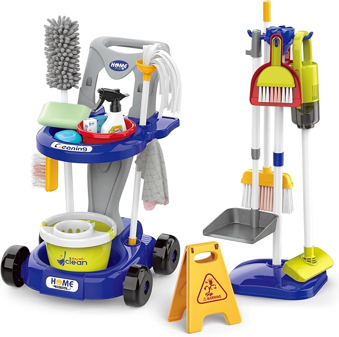 Kids Cleaning Set for Toddlers Pretend Play Housekeeping Supplies Kits with Real Working Vacuum Cleaner, Broom, Spray Bottle, Dust Pan and More Role Play Educational Toys for Toddler Boys Girls (Blue)