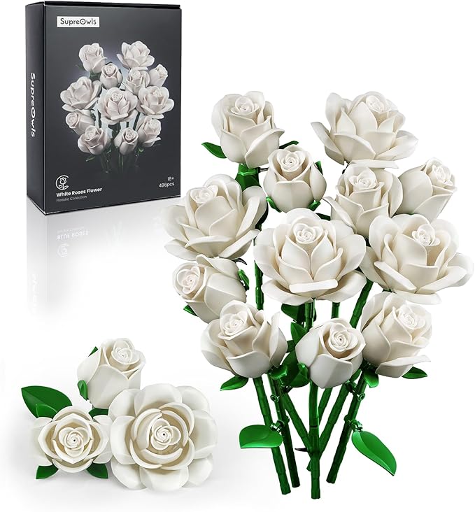 iATOM White Rose Bouquet Building Set, Wedding Artificial Flowers Botanical Collection for Adults Women, Gift for Valentines Day & Christmas - Home Office Table Centerpiece Decor - IA11013