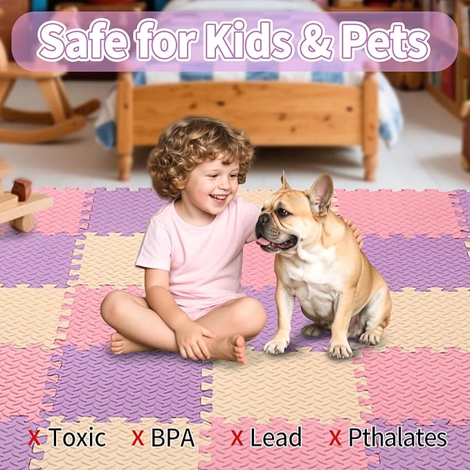 Foam Play Mat for Baby, 0.4 Inch Thicked Interlocking Floor Mats with Solid Colors, Soft Non-Toxic Squares Baby Play Mat, EVA Foam Puzzle Floor Mat for Toddler, 16 Tiles(Pink/Beige/Purple)
