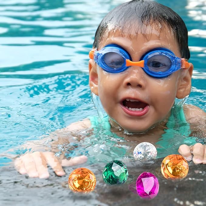 Diving Gem Pool Toy 15 Big Colorful Diamond Set with Big Treasure Chest Pirate Box Underwater Gem Diving Dive Throw Toy Set Swimming Training Gift Toy