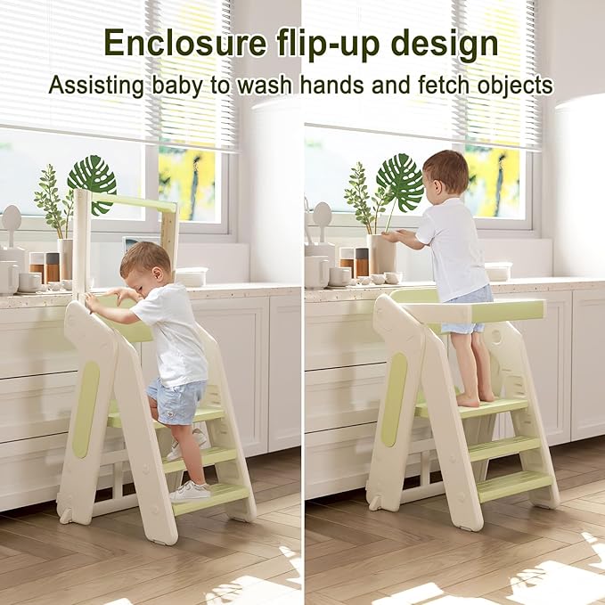 Toddler Tower Kitchen Stool Helper,Foldable/Adjustable Height Kids StandingTower Stool W/CPC Certification,for Kitchen Counter Bathroom Sink Cooking Child Ladder for Toddlers W/Safty Rail(Green White)