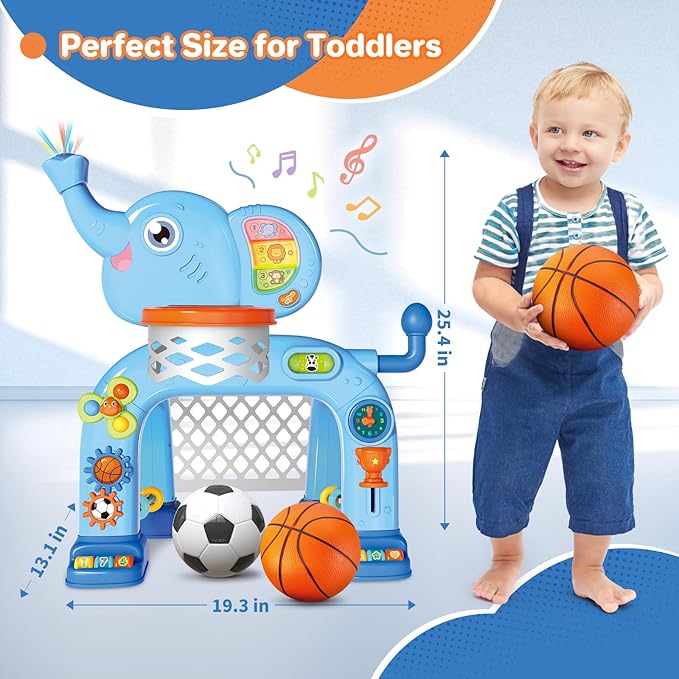 Shemira Toddler Basketball Hoop & Soccer Goal Activity Center Toys with Light & Music,Elephant Toddlers Musical Toys Gift, Baby & Toddlers Christmas Birthday Gift for 1 2 3 Year Old Boys & Girls