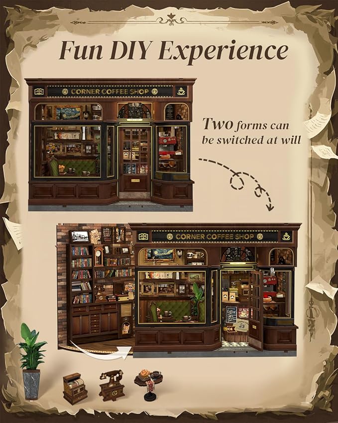 Cutefun Book Nook Kit - DIY Miniature Doll House Kit, Book Nook Kits for Adults, 3D Wooden Puzzle Bookend Bookshelf with LED Light for Cafe Crafts Lovers (Corner Coffee Shop)
