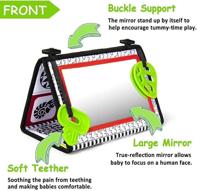 teytoy Tummy Time Baby Mirror Toys with Teethers, Double Black and White High Contrast Baby Toys 0-6 Months, Foldable Floor Sensory Development Toys for Infants Newborn