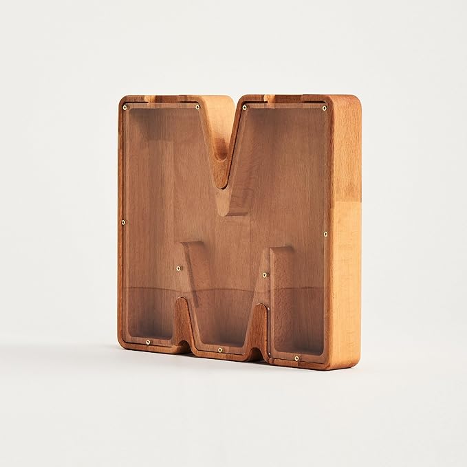 Personalized Wooden Piggy Bank – Custom Letter M Coin Bank in Beech Wood with Clear Acrylic Front, Engraved Name Option, Money Saving Box for Kids and Adults