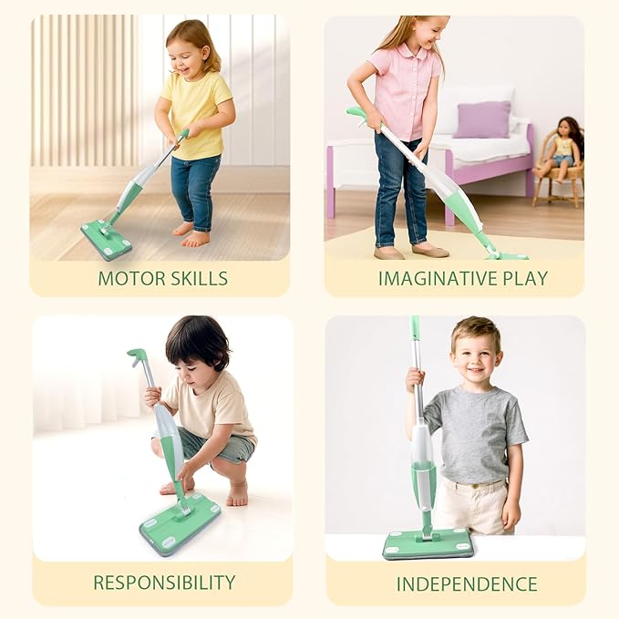 Kids Spray Mop - Toddler Cleaning Toy Set with Real Water Sprayer, 2 Washable Pads - Montessori Interactive Toy for Boys & Girls Ages 3 4 5 6