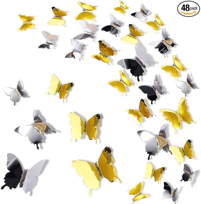 BBTO 48 Pieces Butterfly Wall Decor DIY Mirror 3D Butterfly Stickers Removable Decals for Home Bedroom School Bathroom Living Room Decor(Gold,Silver)