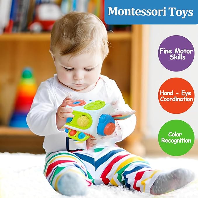 Busy Cube for Toddlers 1 Years Old, Montessori Toys for 1 Year Old - Ideal Gifts for 1 Year Old Boys Girls - Airplane Plane Car Travel Toys for 6 to 18 Months Toddlers Educational Learning Toys