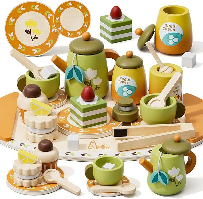 Timber Lulu Tea Sets for Toddlers 3-5, Wooden Play Food Set for Kids, Forest Tea Party Pretend Play for Toddlers 3-5, 4 Year Old Girl Birthday Gifts, Kids Kitchen Accessories