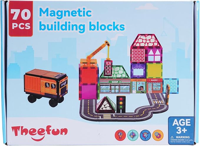 Theefun 70pcs Magnetic Tiles Road Set with Crane & 2 Cars Magnetic Blocks Double Side City STEM Construction Toy Gifts for Kids 3+ Years Old, Include 56 Magnetic Blocks, 13 Magnet Toppers, 1 Bag