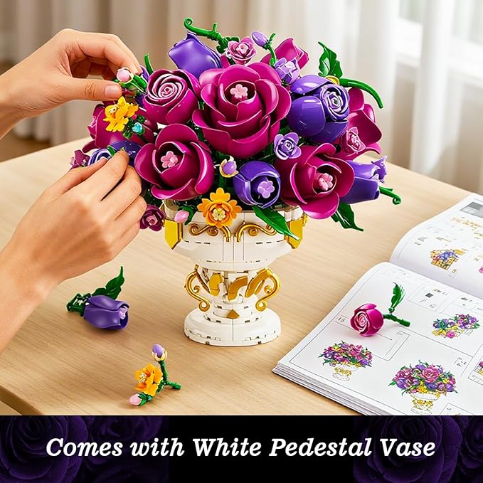 Purple Rose Flower Building Set with Vase, 969 PCS Botanicals Flowers Bouquet Building Block Kit, 18 Rose Bonsai Plant Collection Home Decor, Birthday Gift for Adults Women Boys Girls 12+
