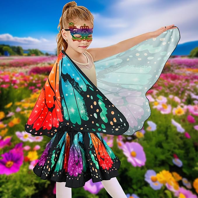 Butterfly Costume for Girls Fairy Wings Kids 4 Pcs(Cape,Skirts,Masks,Hair Clips) Butterfly Wings for Halloween Gifts
