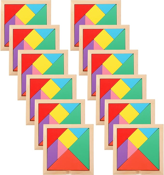 Meooeck 12 Pack Tangrams Wooden Puzzles Tangrams Classroom Set for Kids Shape Puzzles Brain Logic Blocks for Games Educational Gifts for Adults Kids Ages 4-8 8-12(Notch Style)