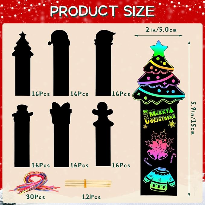 AUGSUN 96Pcs Christmas Scratch Bookmarks, Cute Tree Santa Snowman DIY Crafts Kit Rainbow Magic Scratch Paper Art for Xmas Hanging Ornaments Party Favors