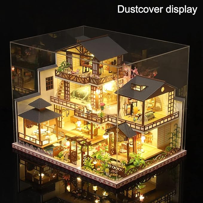 Yuzhen DIY Miniature Dollhouse Kit with Furniture and LED Lights, Japanese Wooden Dollhouse Includes Dustcover and Music Box, Collectibles for Hobbies