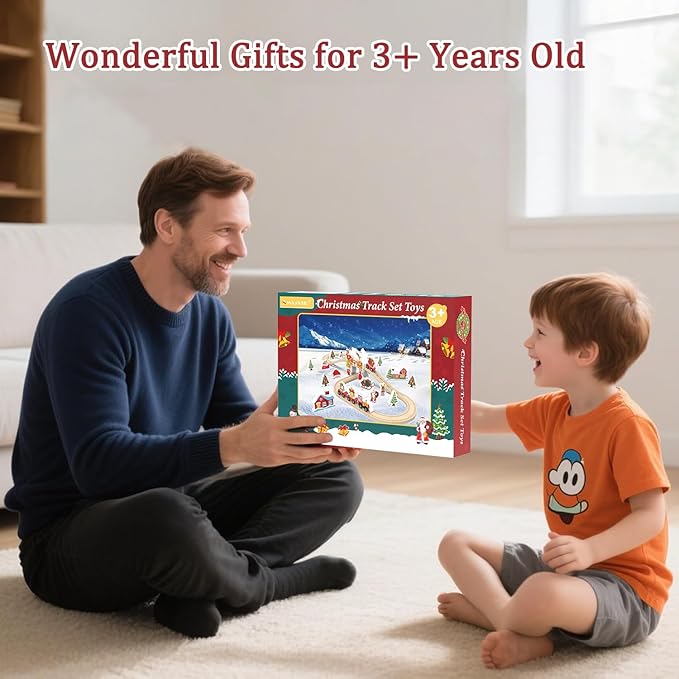 Wooden Railway Set for Kids, 42-Piece Wooden Train Track for Toddlers, Christmas Train Toys for 3 4 5 6 Years Old Compatible with Thomas, Brio