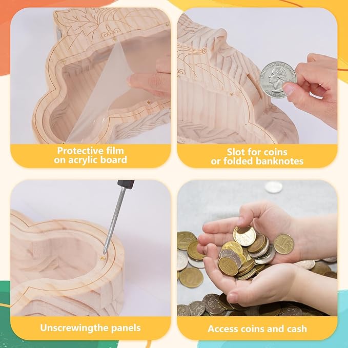 Wooden Piggy Bank for Kid, DIY Night Light Personalized Money Bank for Boy, Girls, Unbreakable Saving Box with Paintbrush and 12 Paints, Coin Jar Gifts for Kid Birthday&Decor (Carriage)