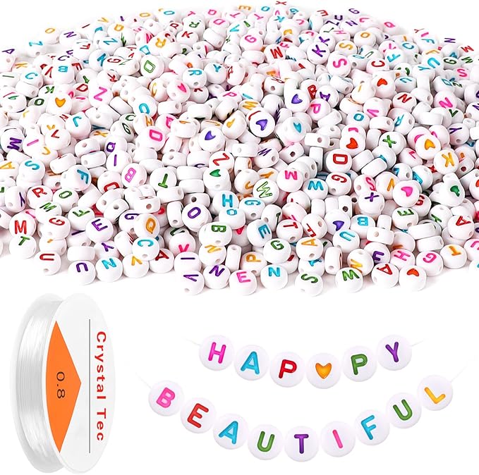 Letter Beads, DECYOOL Acrylic Alphabet Beads with 1 Roll Elastic String for Bracelet Necklace Jewelry Making Supplies (White Colorful)