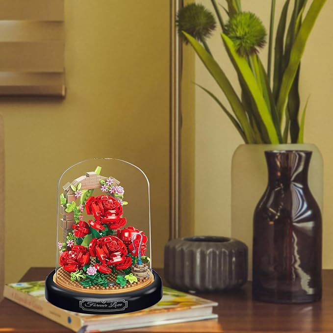 Artificial Flower Bouquet Building Set for Adult,Mini Plant Bonsai Tree Friend Set for Girl,Botanical Collection Gift for Kids,Office Home Decor Building Block,Birthday Gift for Women(Roses)