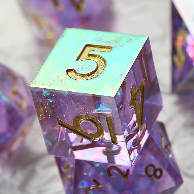 Iridescent Plating Lilac Sharp D&D Dice, DNDND Handmade DND Resin Sharp Edge D&D Die with Gift Case for Dungeons and Dragon Tabletop Games (Iridescent Plating Lilac)