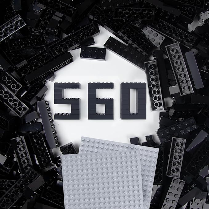 560 Pieces Black Classic Building Blocks Bulk with 2 Base Plates, Building Bricks in 7 Size, Compatible with All Major Bricks, for Kids & MOC Lovers