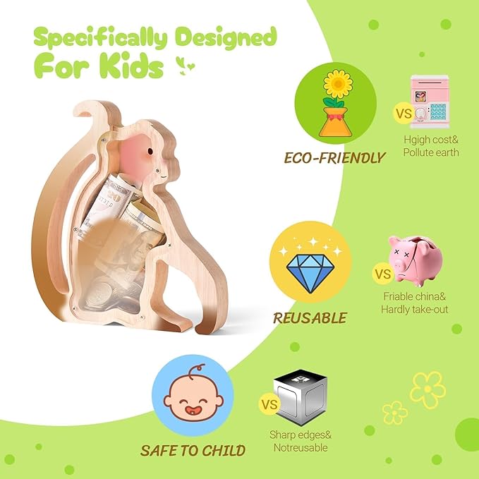 Wooden Monkey Piggy Banks for Kids, Adorable Monkey Piggy Bank with Acrylic Panels, Unbreakable Toddler Money Box for Girls Adults Boys, Cute Saving Coin Jar for Birthday Décor