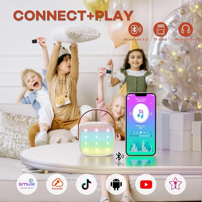 Mini Karaoke Machine with 2 Wireless Microphones for Kids Adults, Portable Bluetooth Speaker Gift for Girls Toys 4, 5, 6, 7, 8, 10, 12+ Years Old Teens Birthday(Beige)