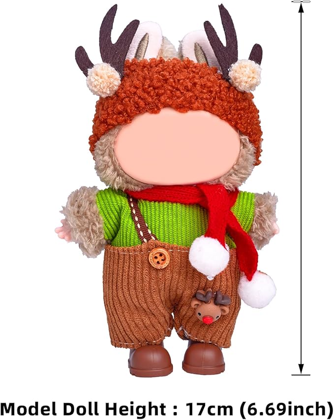 17cm Doll Clothes Set (No Doll), 5 Pieces Outfit Set for 6.7inch Dolls Suit, Stylish Adorable Dolls Christmas Clothes Accessories,Includes—Moose hat + Scarf + Top +Overalls+ Shoes(Style G)