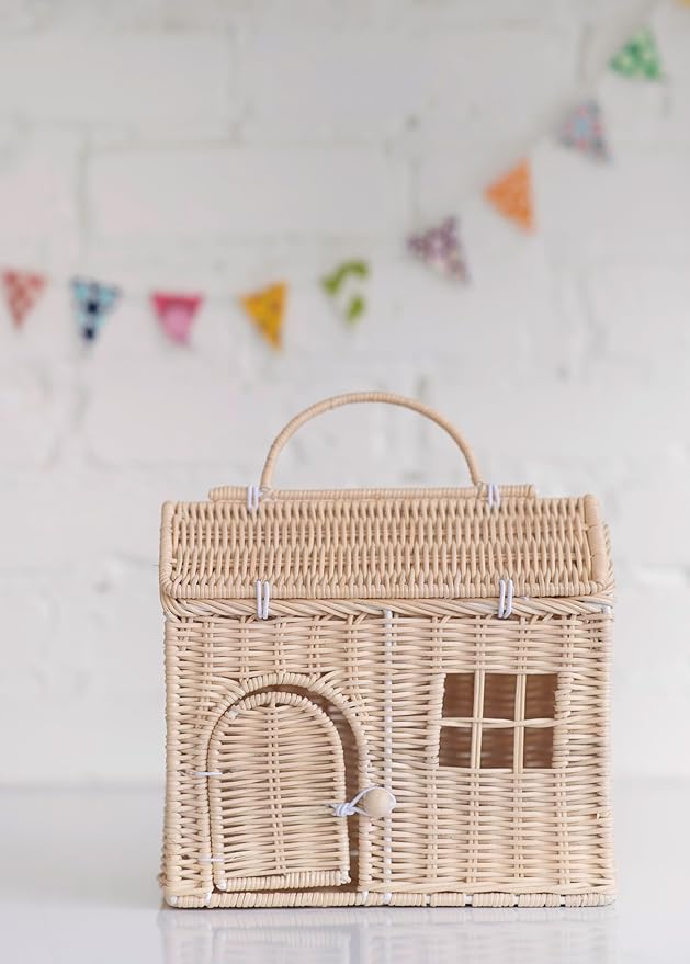 Rool Rattan House Shaped Basket Wicker Small Dollhouse Gift for Girls, Boho Toys, Mouse in a Box House, Little Girl Purse Clutch, Doll Carrier (Cream)