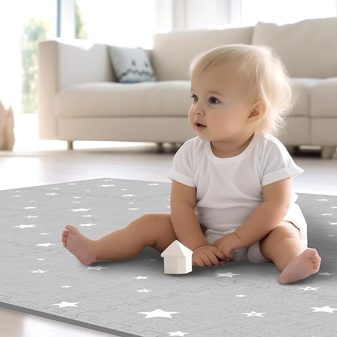 Extra Large Baby Play Mat - 4FT x 6FT Non-Toxic Foam Puzzle Floor Mat for Kids & Toddlers (Grey/White Star)