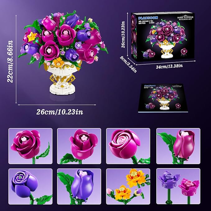Purple Rose Flower Building Set with Vase, 969 PCS Botanicals Flowers Bouquet Building Block Kit, 18 Rose Bonsai Plant Collection Home Decor, Birthday Gift for Adults Women Boys Girls 12+