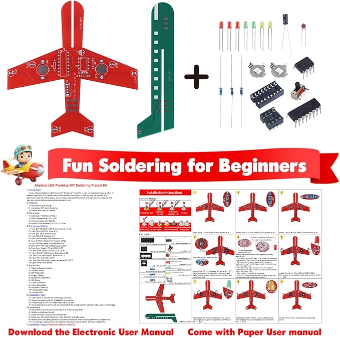 Icstation Learning Soldering DIY Airplane Kit for Beginners, 3 Color LED Flashing Lights Airplane Soldering Project Kit for High School Student Back to School Soldering Practice STEM Education