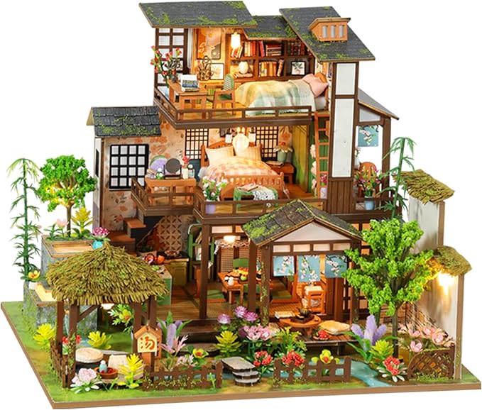 DIY Miniature House Kit with LED Lights, Bamboo Spring Courtyard Wooden Mini House Building Kit for Adults & Teens, Creative Crafts for Women, Friends & Hobbyists