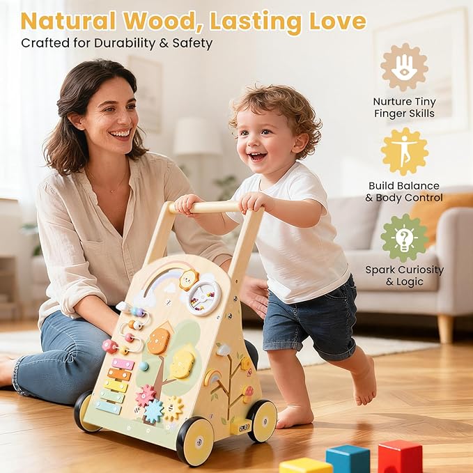 Wooden Baby Walker for 12 Months+, Montessori Push Walker for Babies Learning to Walk, Walker Toy Activity Center Adjustable Speed & Height, Wood Push Toy for Boys Girls 1st Birthday Gifts