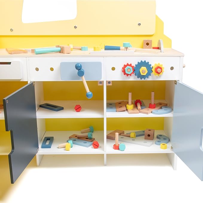 Construction Truck Wooden Playset w 60+ Toy Pieces- Pretend Hammer Saw Bolts, Screws- Spinning Turn Saw, Steering Wheel, Wood to Pull Apart- Dual Sided Stand Center, Workbench Building Kids Xmas Gift