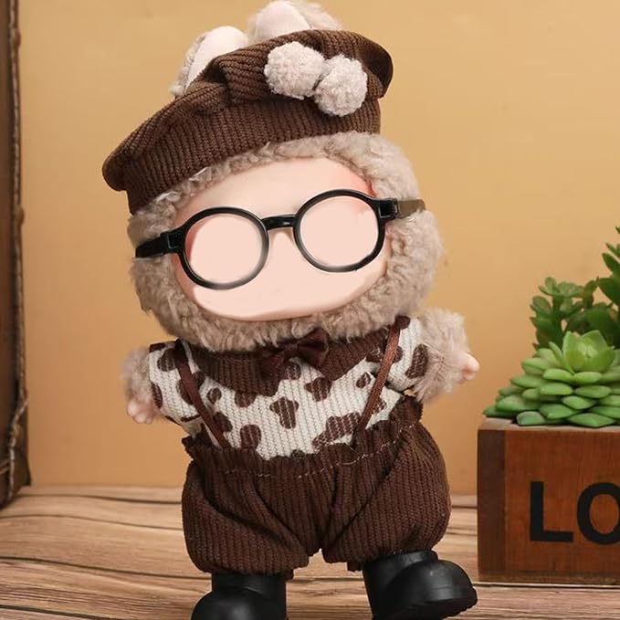 17cm Doll Clothes Set, Cute Boy Outfits and Glasses, 6 PCS Cute Hat & Overalls Set Stylish Outfits Exquisite Accessories