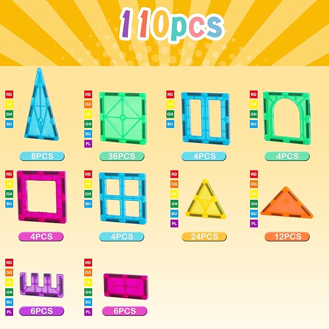 FNJO Magnetic Tiles, 110PCS Magnet Building Set, Magnetic Building Blocks,Construction STEM Learning and Playing Toys for Kids, Montessori Toy for Preschool Boys Girls Toddlers Classroom Must-Haves