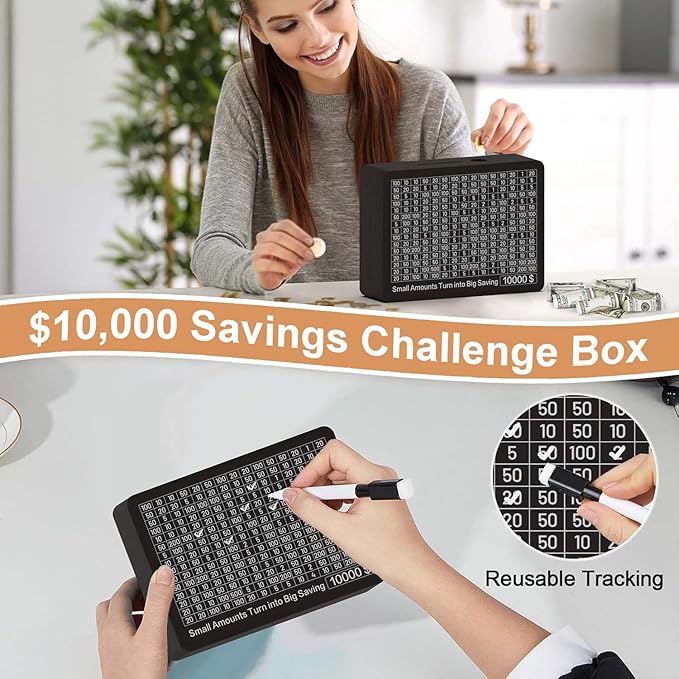Piggy Bank for Adults Kids, Wooden Coin Bank for Boys and Girls, Cash Vault Money Saving Box with Counter $10000 $5000 Savings Challenge Money Box with Money Target and Numbers (Black Box+ 8 Sheets)