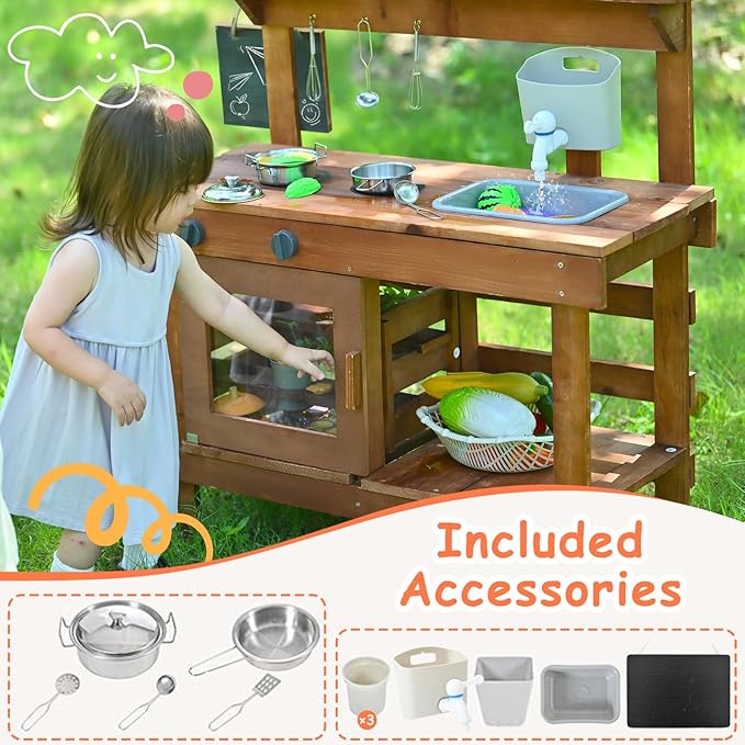 Mud Kitchen for Kids Outdoor 31.5in, Wooden Play Kitchen with Accessories for Kids Play Kitchen Set with Sink, Faucet, Plants Observation Room for Backyard Garden